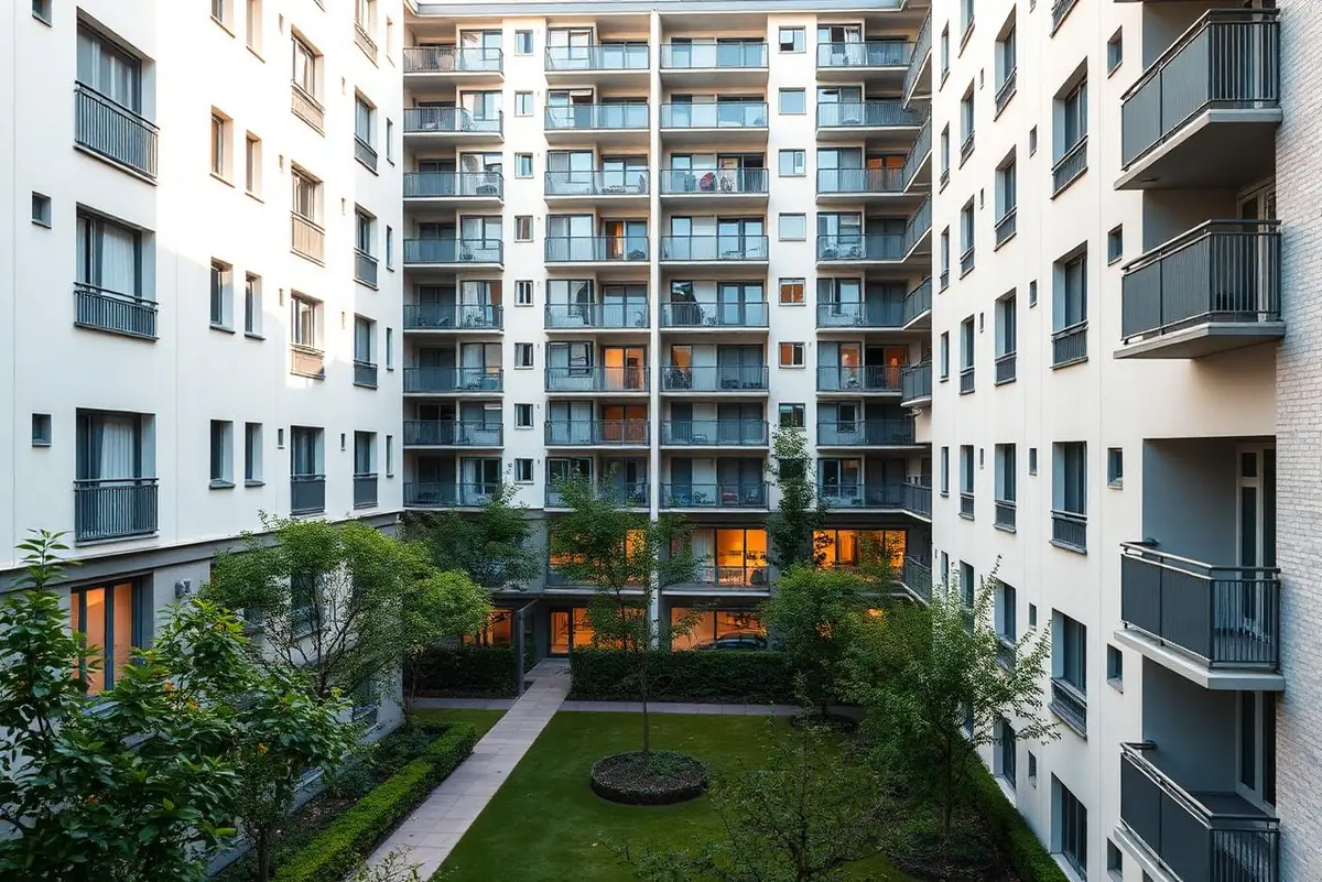 Moderne Berliner Wohnanlage mit gepflegtem Innenhof als Titelbild des Ratgebers