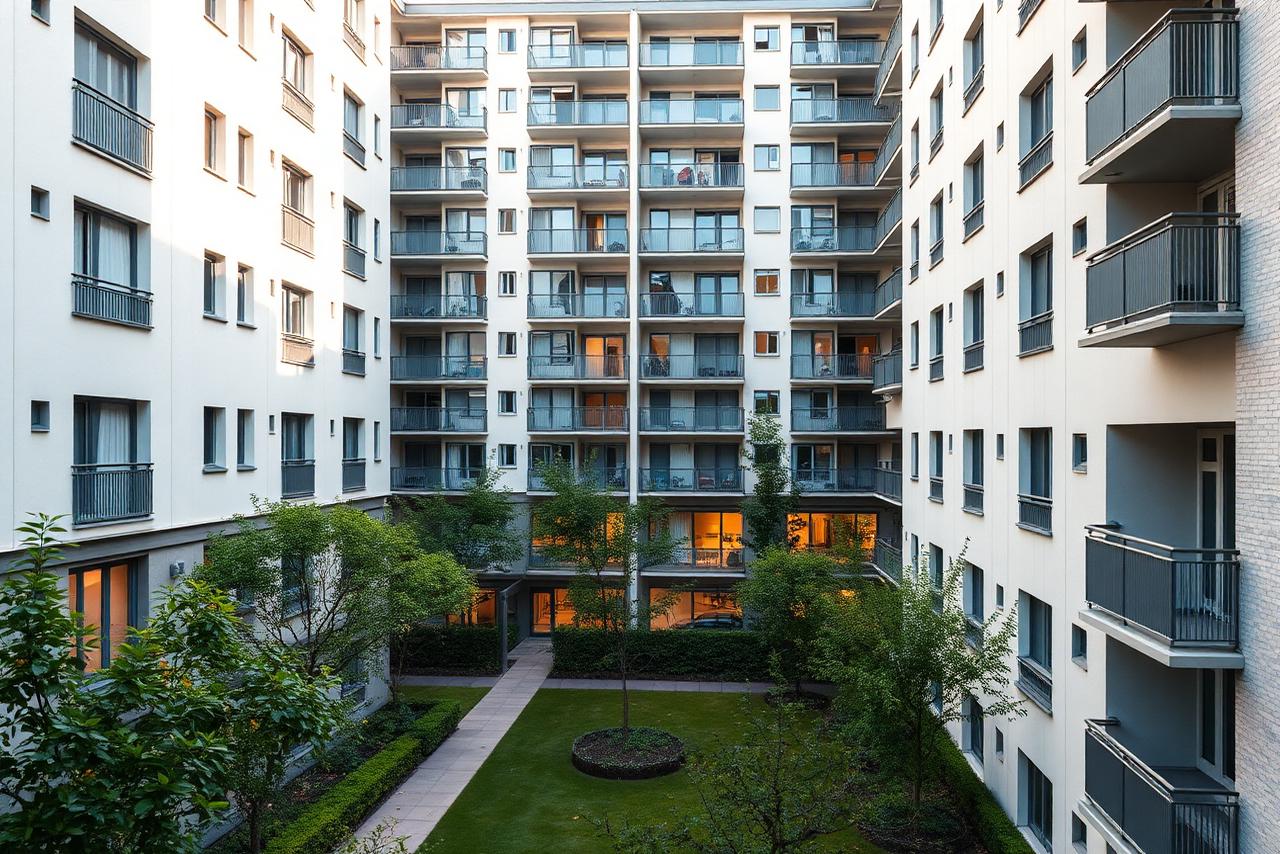 Moderne Berliner Wohnanlage mit gepflegtem Innenhof als Titelbild des Ratgebers
