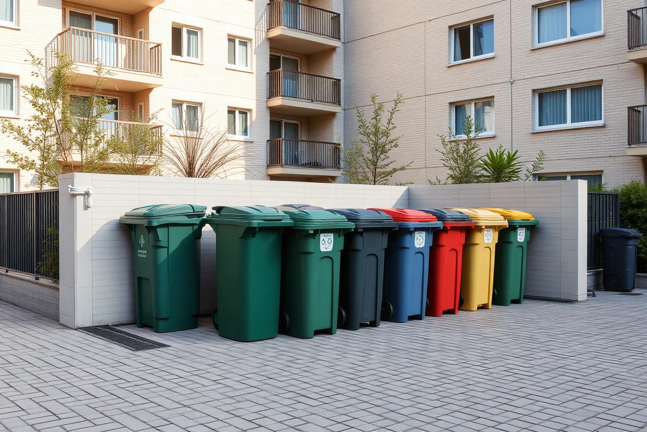 Geordneter und sauberer Müllstandplatz einer Wohnanlage mit getrennten Tonnen