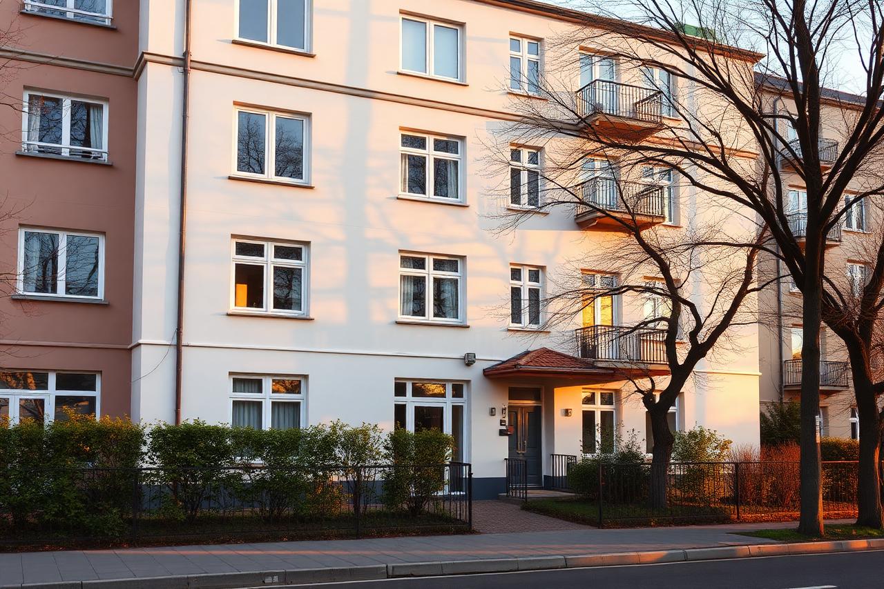 Gepflegte Fassade eines Berliner Mehrfamilienhauses mit Vorgarten